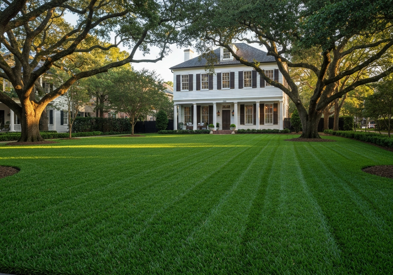 Lush green lawn after full sod replacement in Metairie